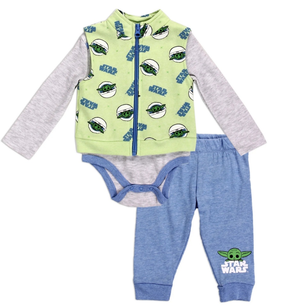 Star Wars Grogu Baby Boys 3 Pc Vest Set Baby Yoda Outfit Newborn to Infant Gift